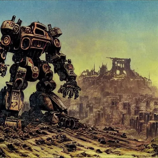 Image similar to a blasted wasteland filled with the ruins of giant mecha, frank frazetta