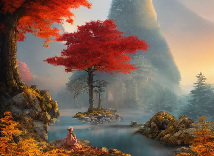 Image similar to environmental portrait of princess at a japanese mountain onsen at golden hour, autumn colour oak trees, Concept art by Jorge jacinto, masterpiece, highly detailed and ultra realistic, trending on artstation
