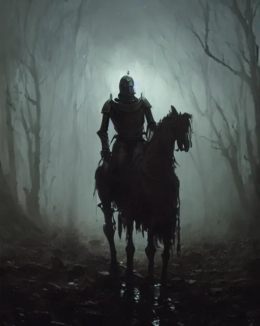 Image similar to Hyper realistic oil painting of an undead knight, knight in the foreground, fog, volumetric lighting, nighttime, moonlight, creepy, by greg rutkowski