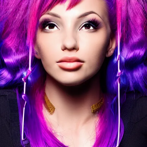 Image similar to a award winning action upper body portrait of a beautiful woman with a ombre purple pink hairstyle with head in motion and hair flying, choker, hoop earrings, outrun, vaporware, highly detailed, fine detail, intricate