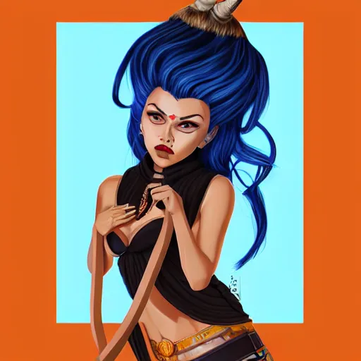 Image similar to illustrated portrait of ram-horned devil woman with blue bob hairstyle and tanned colored skin and with solid black eyes wearing leather by rossdraws