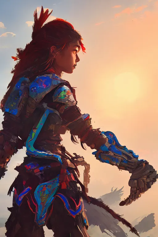 Image similar to combination suit armor aloy horizon forbidden west horizon zero dawn radiating a glowing aura global illumination ray tracing hdr fanart arstation by ian pesty and alena aenami artworks in 4 k tribal robot ninja mask helmet backpack