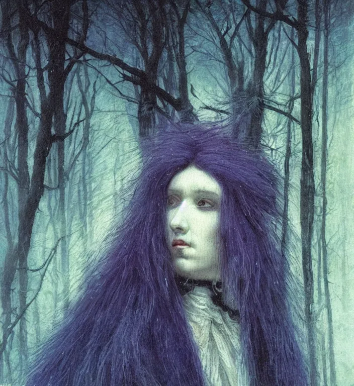 Prompt: extreme closeup portrait of a beautiful white raven woman with long white hair in the winter forest white and purple palette, volume light, fog by caspar david friedrich by ( h. r. giger ) and paul lehr