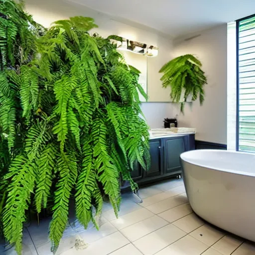 Prompt: an estate agent photo of a bathroom full of ferns, full of poison dart frogs, unreal engine, renaissance painting