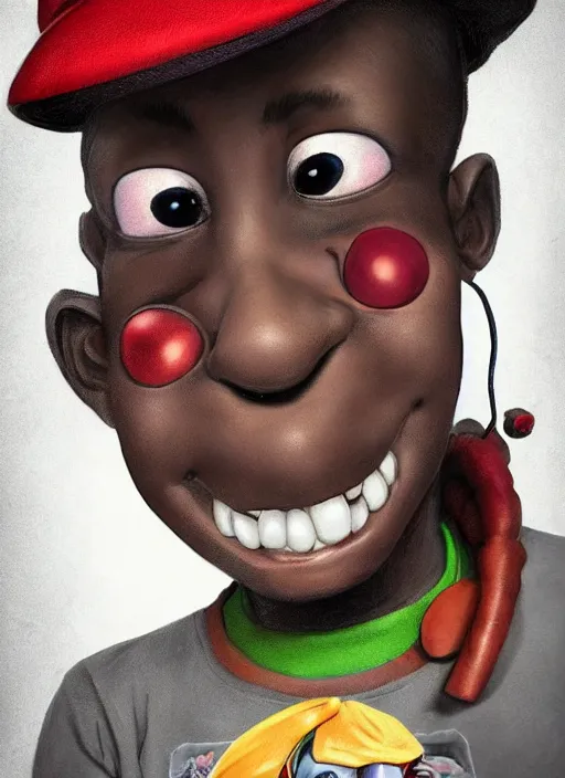 Prompt: caricature style - portrait - art of a nigerian boy wearing a baseball cap with wires and computer chips dangling from inside, character concept art, art style by frank frazetta & james jean, vfx art, volumetric light, ray tracing, digital illustration, colourful, claymation, unreal engine render, sharp, intricate detail, behance, artstation, pinterest,