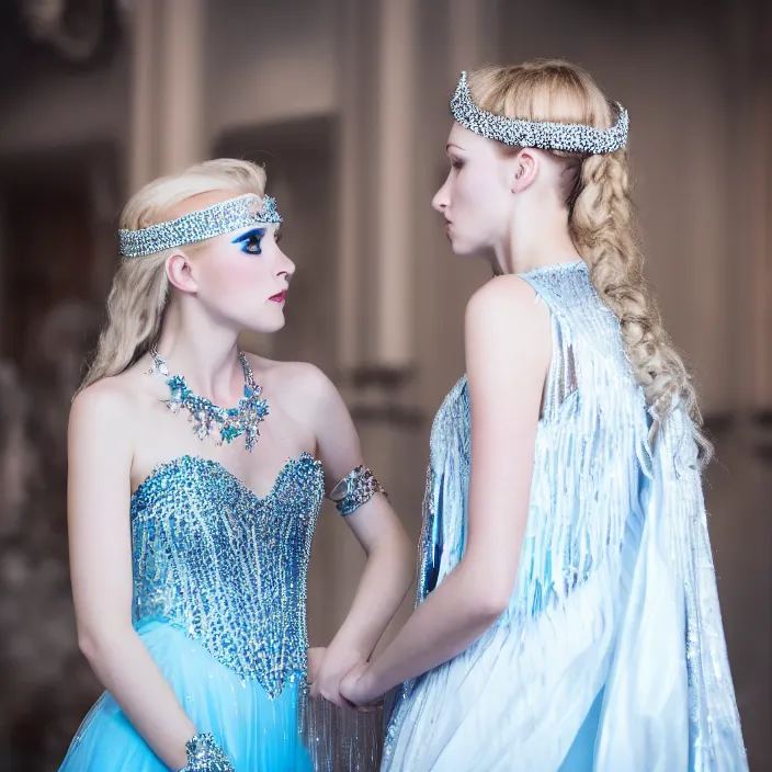 Image similar to photograph of a real-life beautiful ice queen in ornate dress comforting a woman. 8k