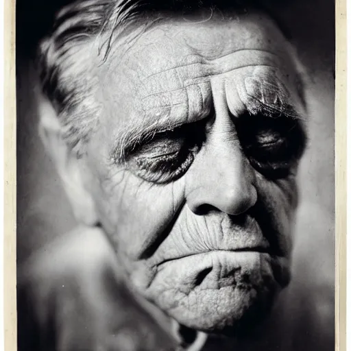 Prompt: a photo of a old man crying with glowing white eyes, photo by george hurrell