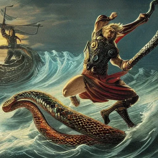 Image similar to Thor fighting Jormungandr the world serpent in the sea in night, neo-romanticism, norse mythology, very detailed