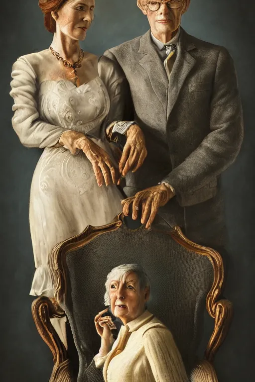 Image similar to a beautiful ultradetailed fine art old vintage couples portrait photo of cyborgs sitting on a chair and standing, by tom bagshaw and zach sutton, couples portrait, vignette, 35mm lens, golden ratio composition, studio photography, very detailed, humanoids, artstation, 8k, highly coherent