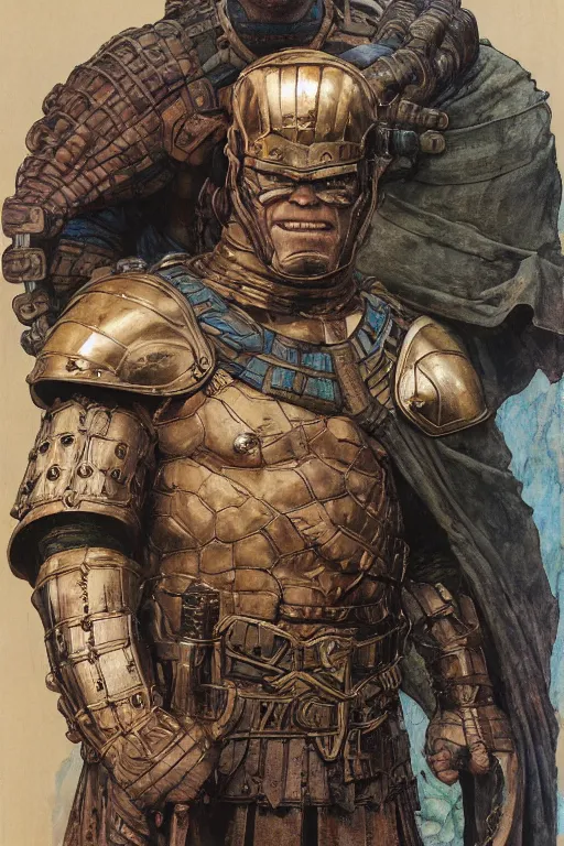 Image similar to head and torso portrait of jocko willink as huge armoured warrior wearing a cape in the style of marvel's jack kirby, dynamic action, by lawrence alma tadema and zdzislaw beksinski and norman rockwell and tom lovell and greg staples and john william waterhouse