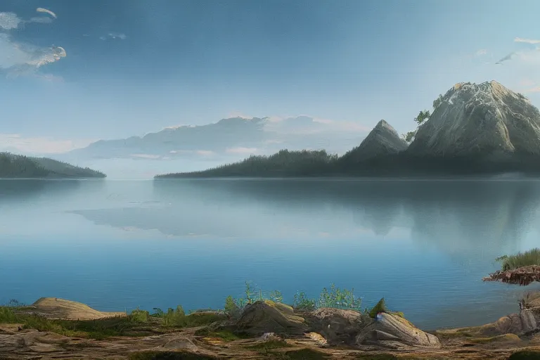 Image similar to a matte painting of Lake Simcoe, trending on artstation
