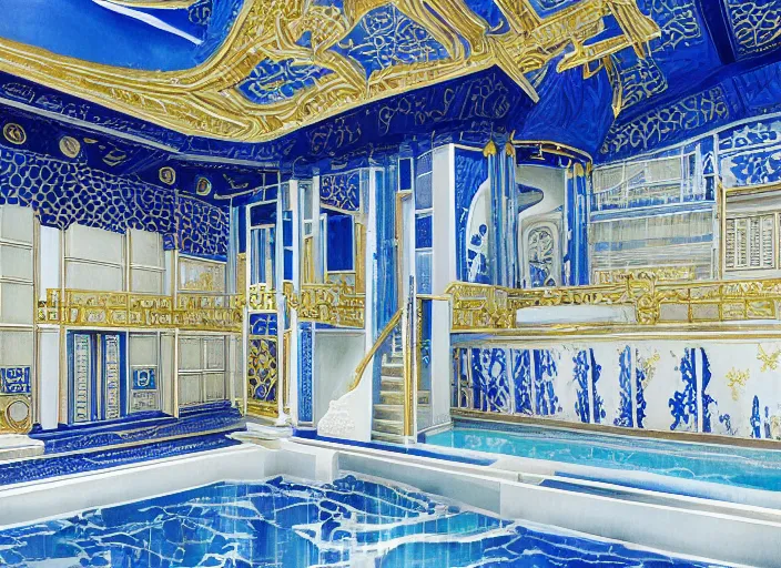 Prompt: modern chic futuristic royal blue and white onsen (Japanese bath house) with gold intricate details at Pamukkale, thermal waters flowing down white travertine terraces, dozen beautiful women wearing sweet dresses, ethereal anf dreamy, intricate, elegant, luxurious, digital painting, concept art, smooth, sharp focus, from Star Trek 2021, illustration, by WLOP and Ruan Jia and Mandy Jurgens and William-Adolphe Bouguereau, Artgerm