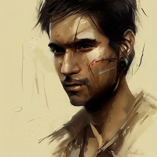 Image similar to Portrait of a man by Greg Rutkowski, he is about 30 years old, indian, cybernetic eyes implants, messy long black hair, slim and tall, he is wearing utilitarian beige black jumpsuit, highly detailed portrait, digital painting, artstation, concept art, smooth, sharp foccus ilustration, Artstation HQ.