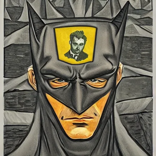 Image similar to portrait of batman, mash - up between mc escher and vincent van gogh