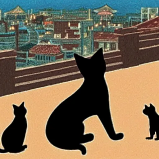 Image similar to a black cat and pug dog hold hands and look out over a city, Miyazaki, studio ghibli