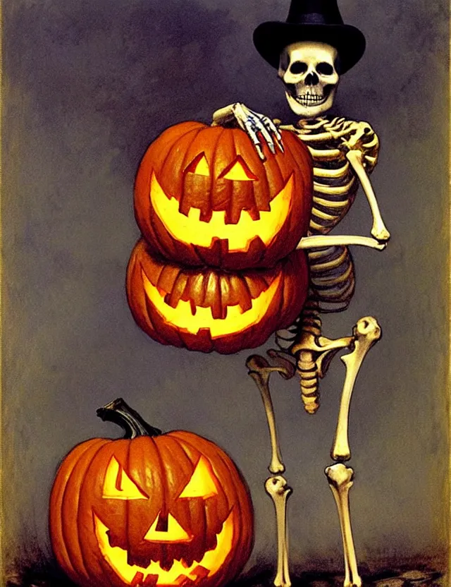 Prompt: a skeleton, holding a jack - o - lantern, as a matte oil painting and d & d character art, by gustave caillebotte, standing, fullbody, flying bats, loose pages, concept art, award - winning, extremely detailed, sharp focus