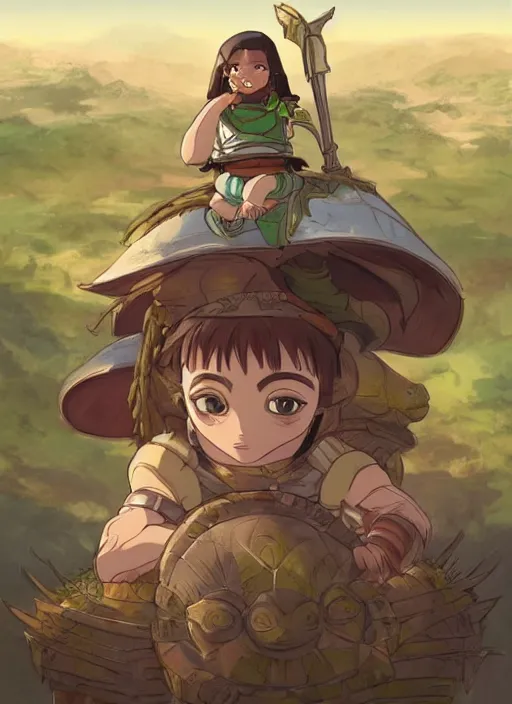 Image similar to portrait of a little warrior girl character sitting on top of a giant armored turtle in the desert, studio ghibli epic character with dark skin and beautiful green eyes, very beautiful detailed symmetrical face, long black hair, bright colors, diffuse light, dramatic landscape, fantasy illustration