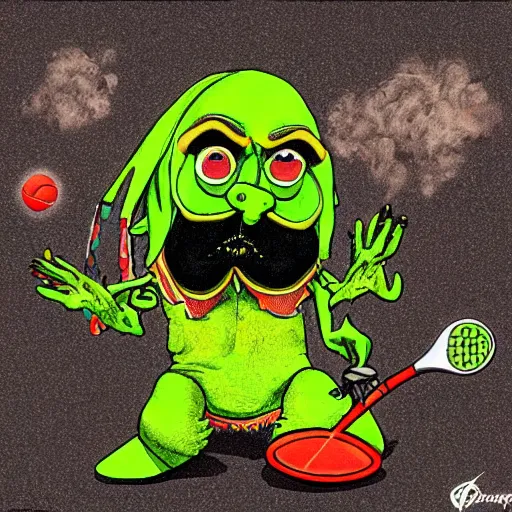 Prompt: snoop dogg tennis ball monster ,tennis ball, digital art,epic, smoking weed, Marijuana, fantasy,chalk, magic, trending on artstation, ultra detailed, professional illustration by Basil Gogos