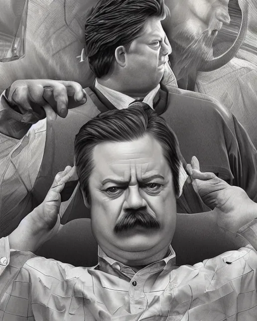 Prompt: ron swanson digital illustration portrait design by, Mark Brooks and Brad Kunkle detailed, gorgeous lighting, wide angle action dynamic portrait