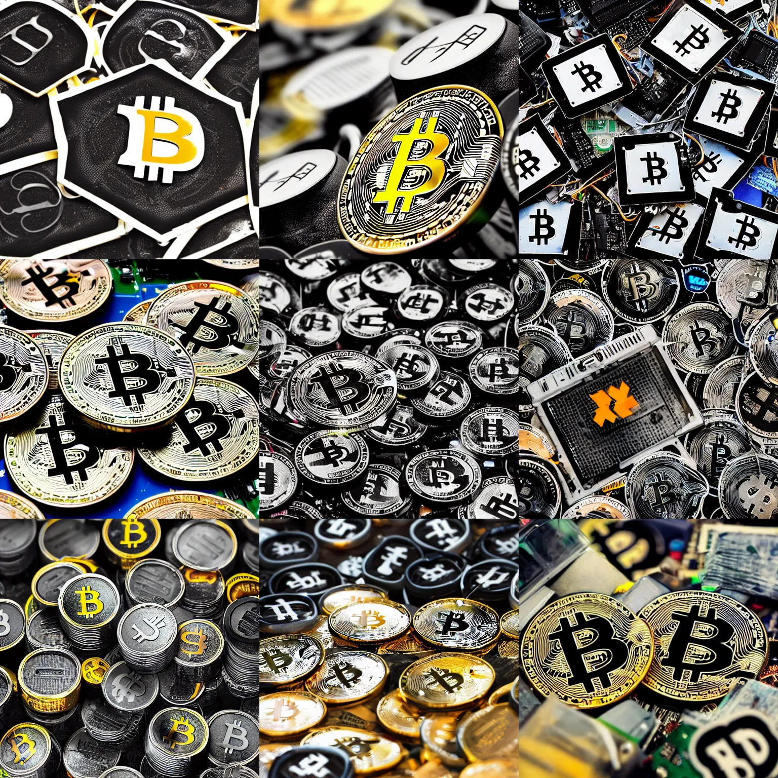 Prompt: < photo polluted attention - grabbing > a trash heap of old bitcoin miners electronic waste with the bitcoin logo in the background < / photo >