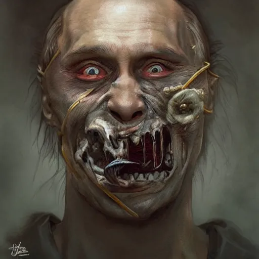 Image similar to a portrait of a putin as a zombie with its mouth and eyes sewn shut, full body, leather, hairy, d & d, fantasy, intricate, elegant, highly detailed, digital painting, artstation, concept art, smooth, sharp focus, illustration, art by artgerm and greg rutkowski and alphonse mucha