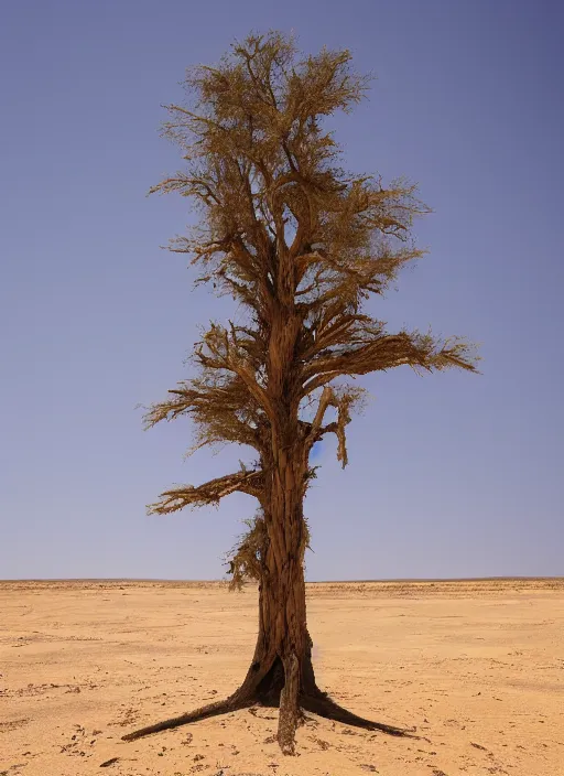 Prompt: the tallest tree in history in the middle of barren desert, sand, high res, highly detailed, photographed, 5 0 mm