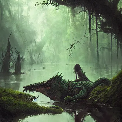 Image similar to green dragon sleeping in a swamp, fantasy, dnd, art by greg rutkowski