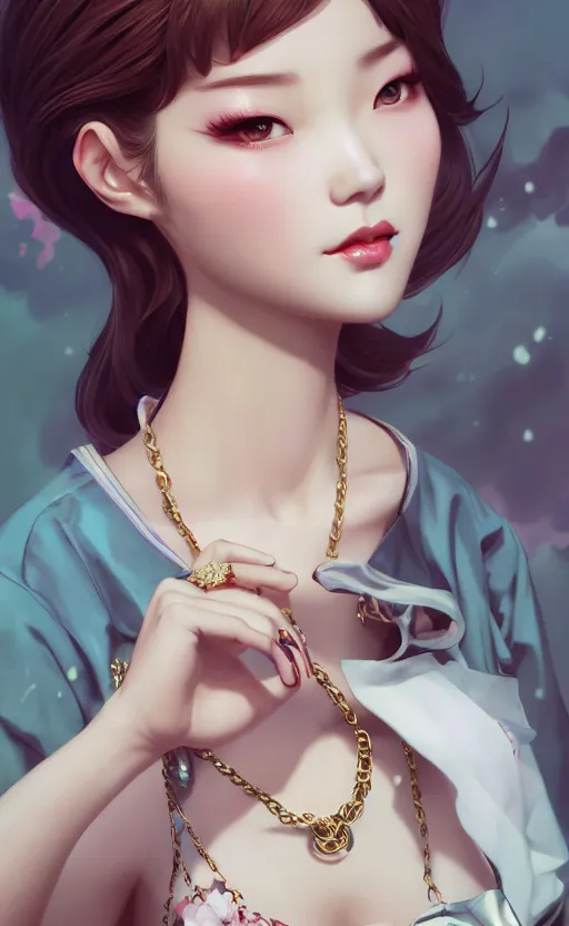 Image similar to a pin up and beautiful fashion charming dreamlke korea girl with lv jewelry, character art, art by artgerm lau and kyoung hwan kim and and ilya kuvshinov and john singer sargent, hyperdetailed, 8 k realistic, symmetrical, frostbite 3 engine, cryengine, dof, trending on artstation, digital art