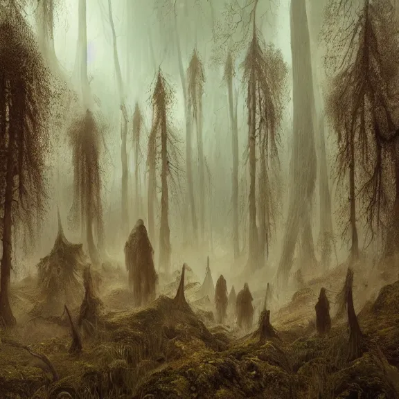 Prompt: a highly detailed 4 k fantasy matte painting of ghosts in woods, zdzislaw beksinski, artstation, cgsociety, unreal engine