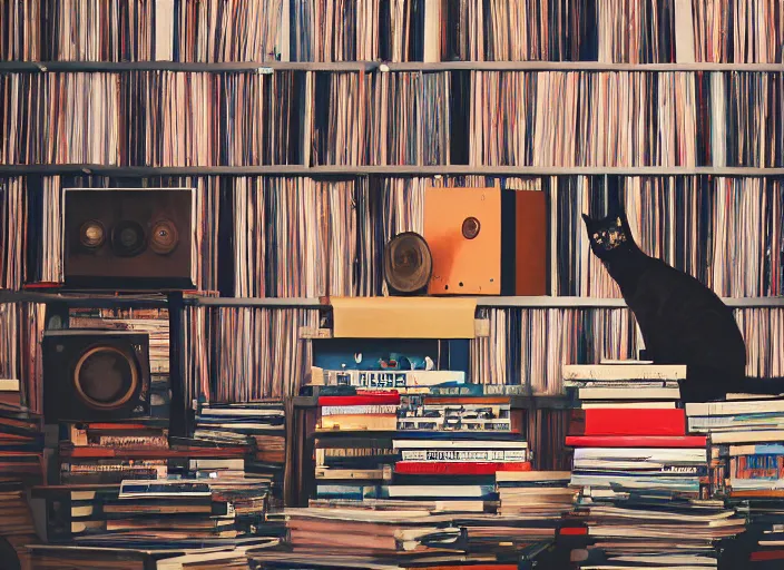 Image similar to photography of a Cat sitting on a pile of books and vinyls. a record player is in the shot. in a room full of vinyls and posters out of the 70's, photorealistic, raining award winning photo, 100mm, sharp, high res