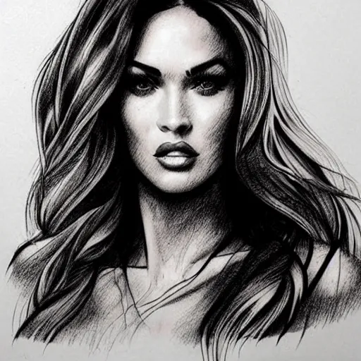 Image similar to tattoo design sketch of megan fox mash up effect with beautiful mountain scenery, in the style of matteo pasqualin, amazing detail