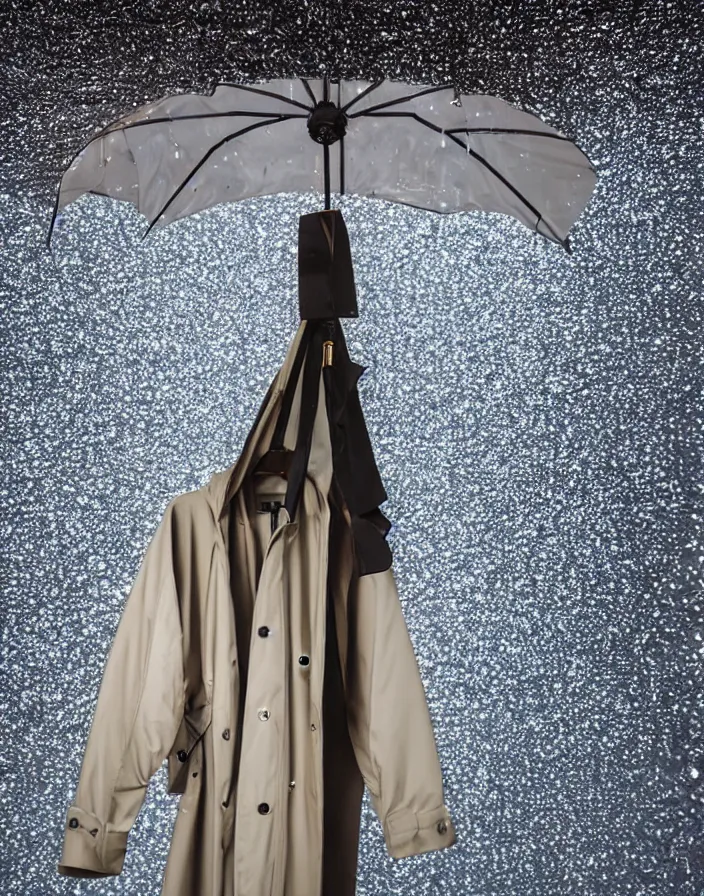 Image similar to close - up portrait of an empty slick fashionable zara raincoat floating suspended mid - air on a glittering rainy display designed by james terrell, wes anderson, symmetry, rule of thirds