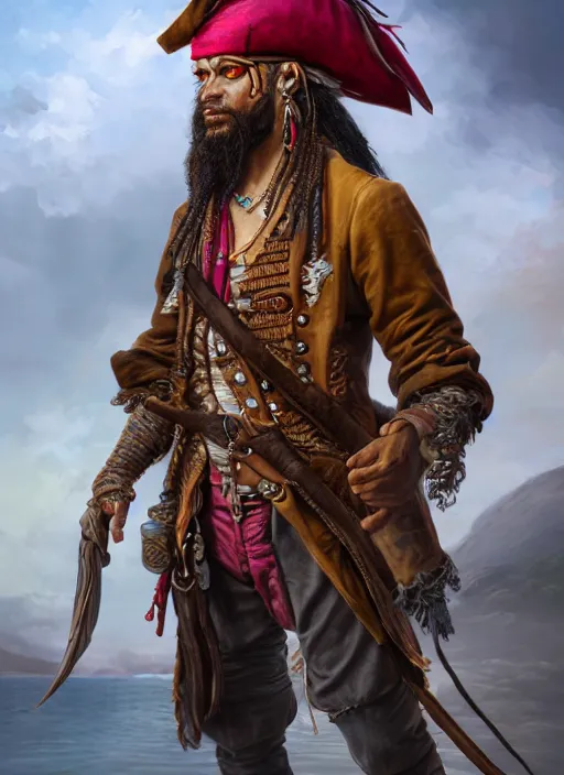 Image similar to realistic full body concept art illustration oil painting of a pirate in insanely detailed and intricately colored clothing, octane render, sss, postprocessing, 4k, cinematic lighting, unreal engine