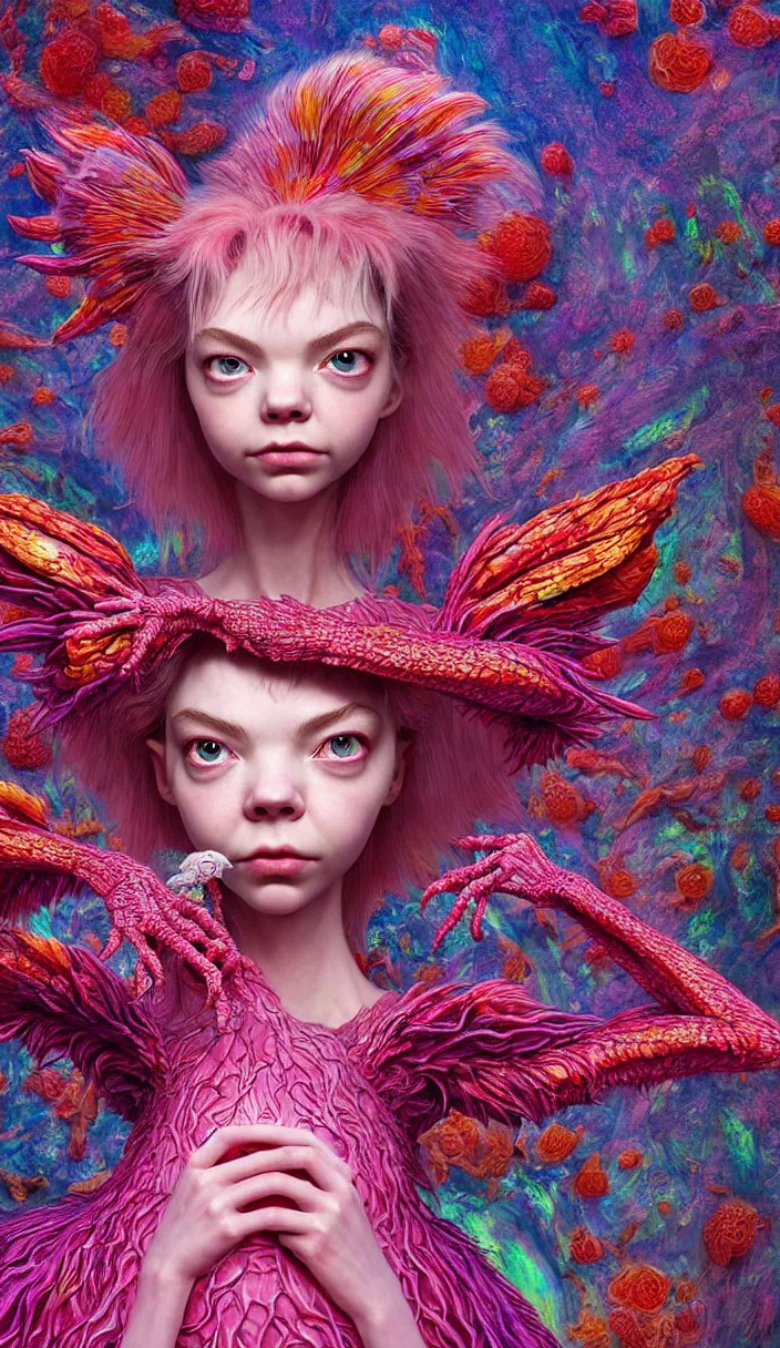 Image similar to hyper detailed 3d render like a Oil painting - kawaii portrait Aurora (a beautiful skeksis muppet queen from dark crystal that looks like Anya Taylor-Joy) seen red carpet photoshoot in UVIVF posing in scaly dress to Eat of the Strangling network of yellowcake aerochrome and milky Fruit and His delicate Hands hold of gossamer polyp blossoms bring iridescent fungal flowers whose spores black the foolish stars by Jacek Yerka, Ilya Kuvshinov, Mariusz Lewandowski, Houdini algorithmic generative render, Abstract brush strokes, Masterpiece, Edward Hopper and James Gilleard, Zdzislaw Beksinski, Mark Ryden, Wolfgang Lettl, hints of Yayoi Kasuma, octane render, 8k