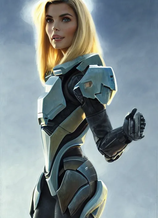 Image similar to portrait of a combination of Ashley Greene, Victoria Justice, Adriana Dxim, Grace Kelly and Lily Collins with blonde hair wearing Forerunner Armor from Halo, countryside, calm, fantasy character portrait, dynamic pose, above view, sunny day, thunder clouds in the sky, artwork by Jeremy Lipkin and Giuseppe Dangelico Pino and Michael Garmash and Rob Rey and Greg Manchess and Huang Guangjian, very coherent asymmetrical artwork, sharp edges, perfect face, simple form, 100mm