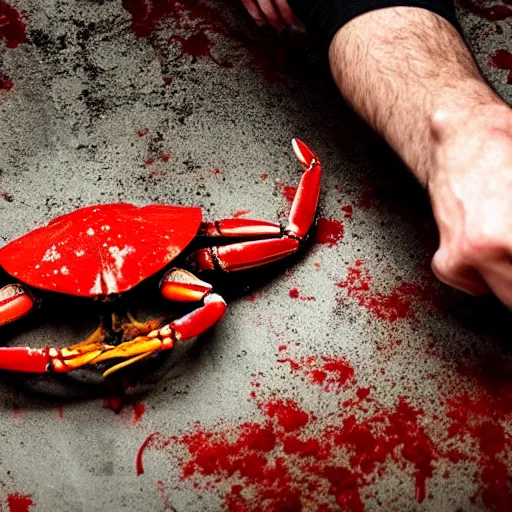 Image similar to big budget horror movie about a blood splattered crab