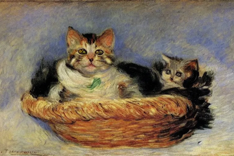 Image similar to a perishing cute kitten coiled up in a basket, snowy outside by Monet, Manet, Renoir