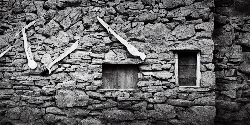 Image similar to photography of a wall with alpine farmer tools in shape of occult signs hanging down, old hut, alp, dolomites, alpine, detailed intricate insanely detailed octane render, 8k artistic 1920s photography, photorealistic, black and white, chiaroscuro, hd, by David Cronenberg, Raphael, Caravaggio