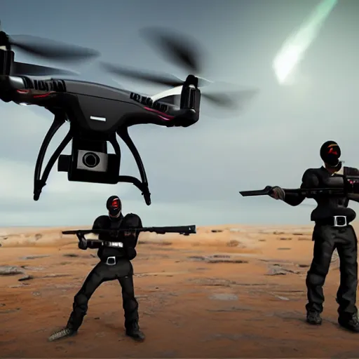 Image similar to warrior drone, drone with a gun, photorealistic, unreal engine 5 »