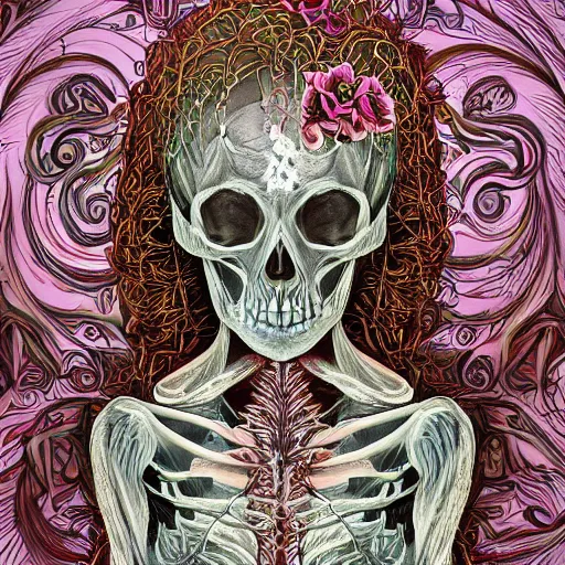 Image similar to a beautiful detailed photo of a rotten woman corpse morphing into fractal plants and fractal flowers and mushrooms, skull, 🌺, face muscles, veins, anatomical, intricate, ornate, volumetric light, beautiful lit, beetlejuice