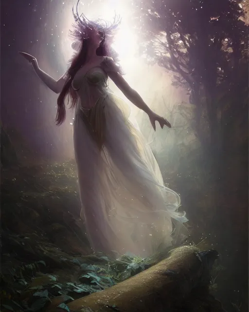 Image similar to a portrait of beautiful fairy goddness fly high in the night, d & d, fantasy, mist, full moon in background, trees, hyper detailed,, midium shot, an oil painting by ruan jia, trending on artstation, concept art, sharp focus, illustration, gaston bussiere, craig mullins, j. c. leyendecker, beautiful lighting