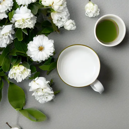 Image similar to bright white room showcasing ceramic mug surrounded by white flowers, green leaves, and pears, soft zen minimalist, white background, bright, crisp