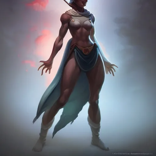 Prompt: stylized muscular female D&D character, full body, dinamic body pose, digital art by Peter Mohrbacher and Eric Fortune and Julie Dillon, atmospheric cinematic lighting, concept art, matte, sharp focus, stunning, beautiful, powerfull illustration, highly detailed award-winning masterpiece with incredible and beautiful details, trending on ArtStation