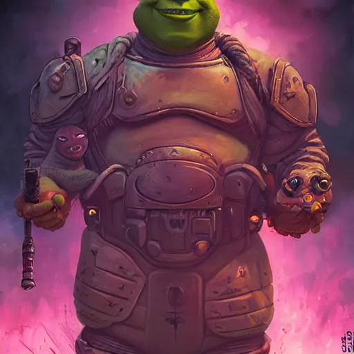 Image similar to lofi portrait of shrek as the doom slayer, demons, hell, pixar style, by tristan eaton stanley artgerm and tom bagshaw.