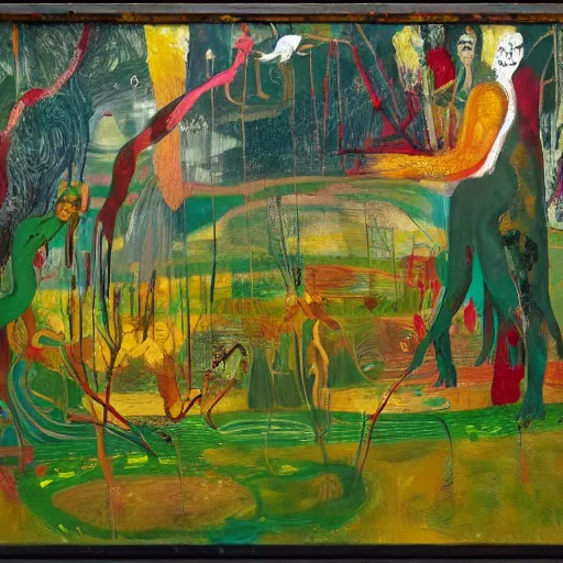 Prompt: 7 peoples in the garden of eden, scaring, painted by Asger Jorn, Peter Doig, Edward Hooper, abstract oil paint with thick brushstrokes of paint, ultra detailed, realistic, small spot of thick melting paint drips all over, 8k