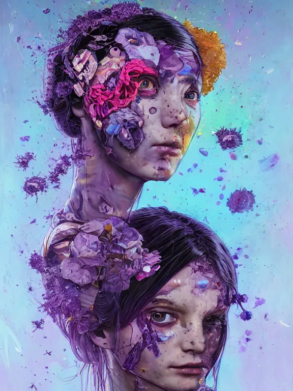 Prompt: art portrait of space decaying girl with purple eyes, with flower exploding out of head,8k,by tristan eaton,Stanley Artgermm,Tom Bagshaw,Greg Rutkowski,Carne Griffiths,trending on DeviantArt,face enhance,hyper detailed,minimalist,cybernetic, android, blade runner,full of colour