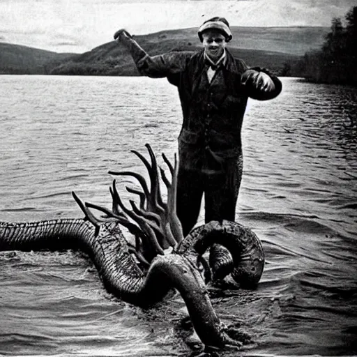 Prompt: an old photo of a hunter posing with a hunted Loch Ness monster