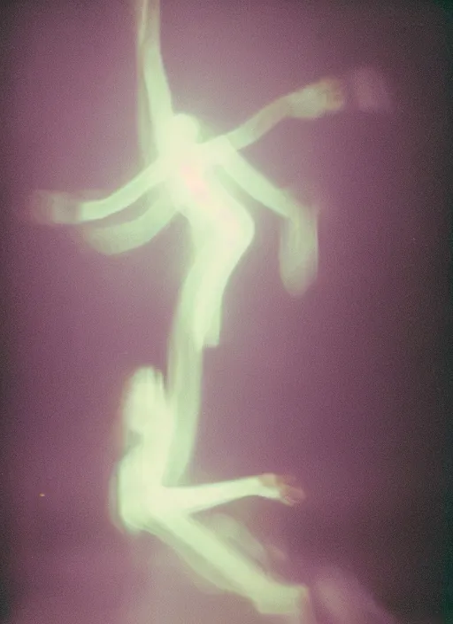 Prompt: symmetrical females ascending astral projection, lovely glowing aura, motion blur, long exposure, film grain, cinematic lighting, experimental film, shot on 1 6 mm