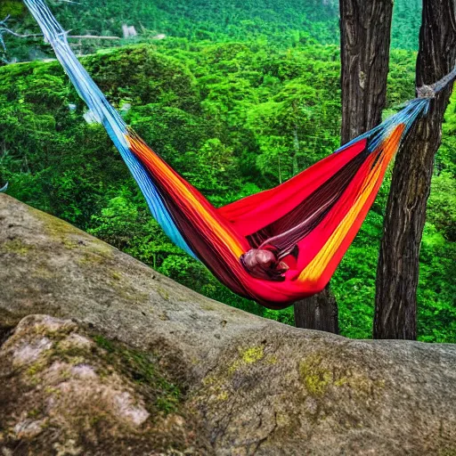 Image similar to relaxing in a hammock on top of a mountain, amazing views, award winning photography, highly detailed