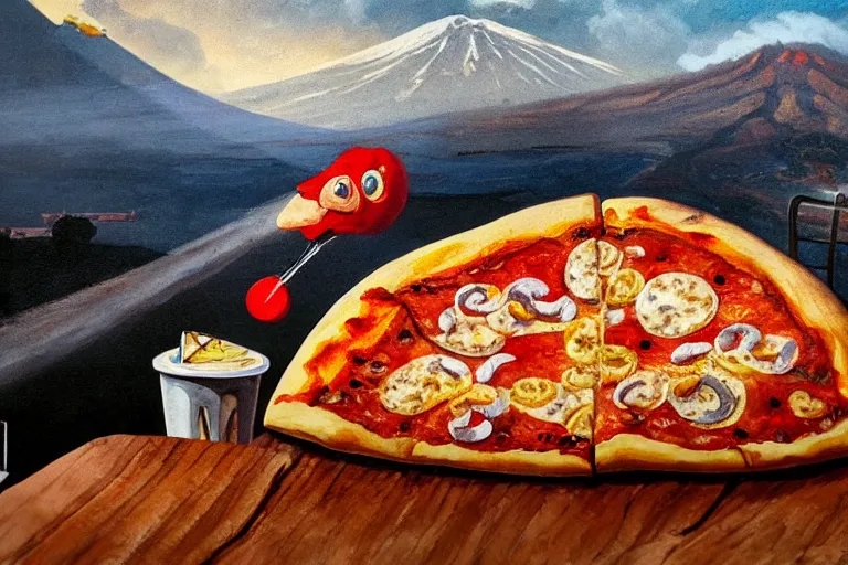 Image similar to a highly detailed pizza! with pulcinella!!! from naples, volcano in the background, black sky, smoke, fire lava, full body, wide angle, an ultrafine detailed painting by rivorio mok, trending on deviantart, whimsical, lowbrow, perfect symmetrical face, sharp focus, octane, masterpiece